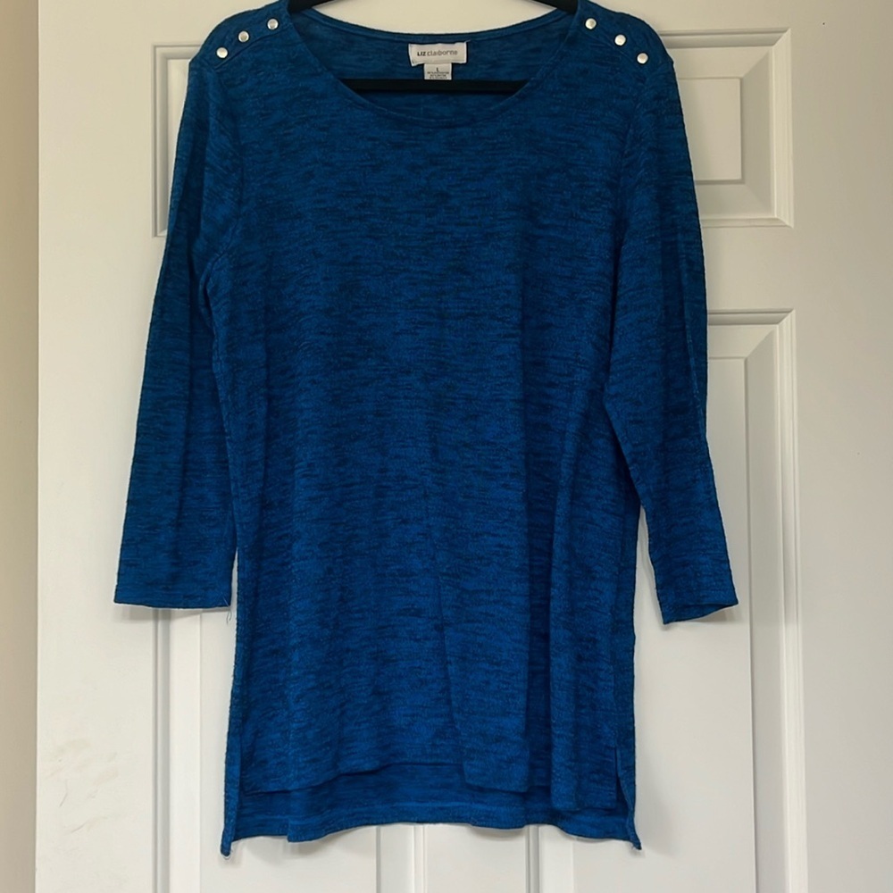 Liz Claiborne Heathered Blue Top with Snap Detail, Size L